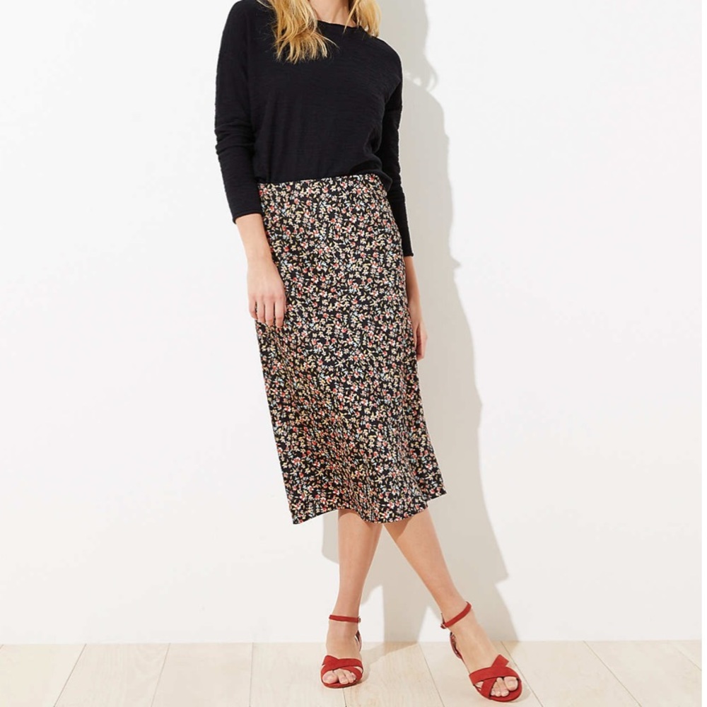 LOFT floral skirt: silk, midi length, bias cut